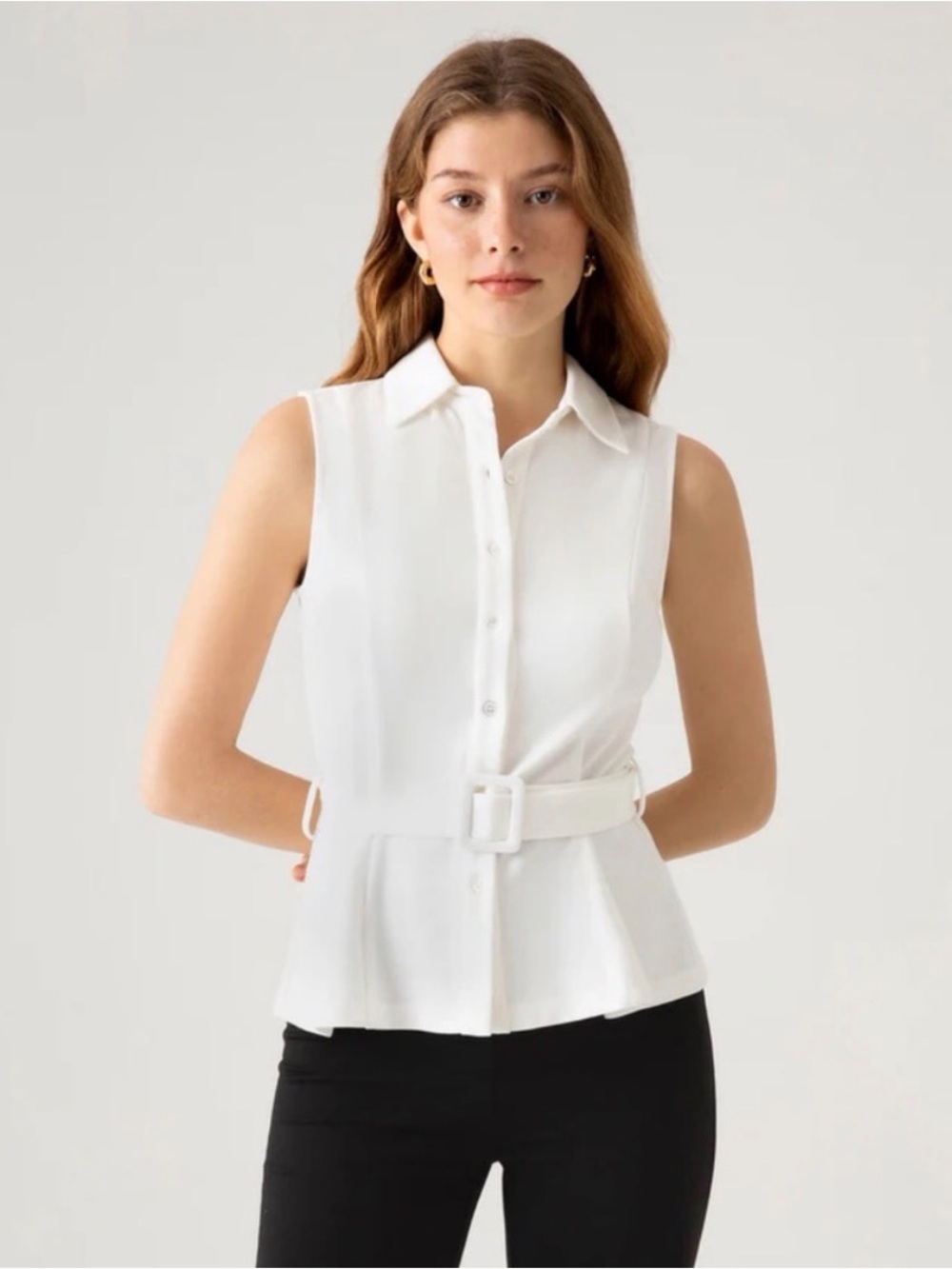 NWT OGL Sleeveless Belted Shirt White Size Small